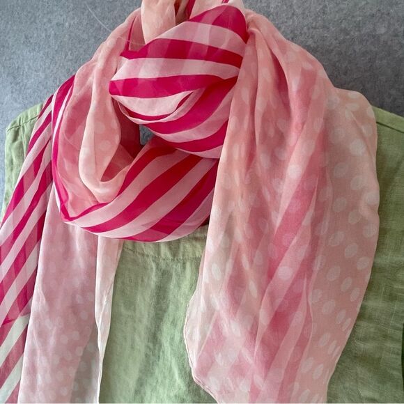 Vintage Anne Klein Silk polkadot Striped long Scarf Pink Red white Coquette #XX - Picture 3 of 10
